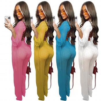 Long Sleeve Top and Wide Leg Pants Three 3 Piece Set Sexy Mesh Outfits for Going Out Club